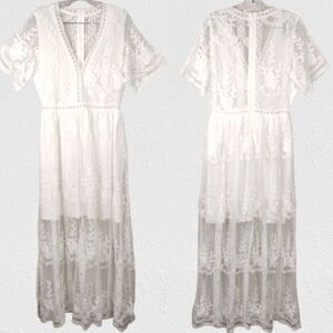 V Neck Lace Overlay Dress Sheer from the Knees Down in White Sz. M